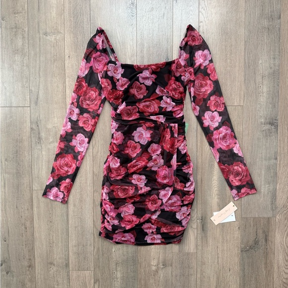 Pink and Red Floral Long Sleeve Mini Dress - Picture 4 of 13